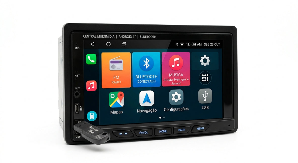 Central Multimídia Automotiva 7 Polegadas Android Bluetooth USB Rádio FM Touchscreen